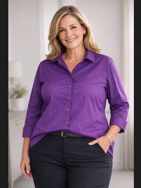 Foxcroft Appleseeds Shirt 18 Shaped Purple Wrinkle Free Button Up 3/4 Sleeve EUC